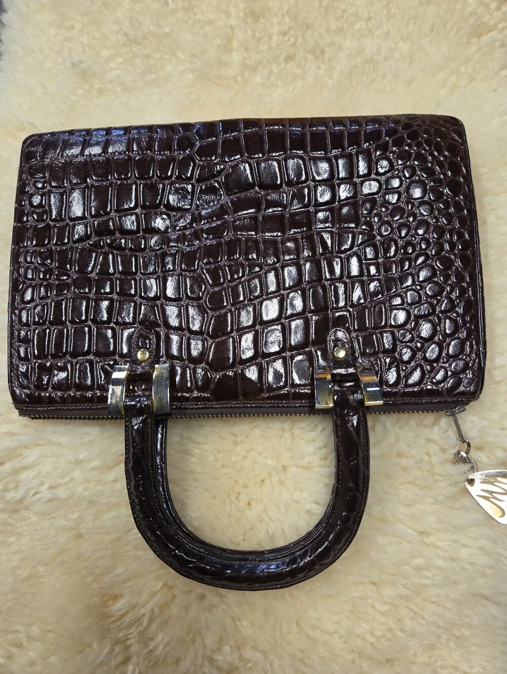 Vintage Morris Moskowitz Brown Crocodile Embossed Leather Handbag 60s Satchel MM